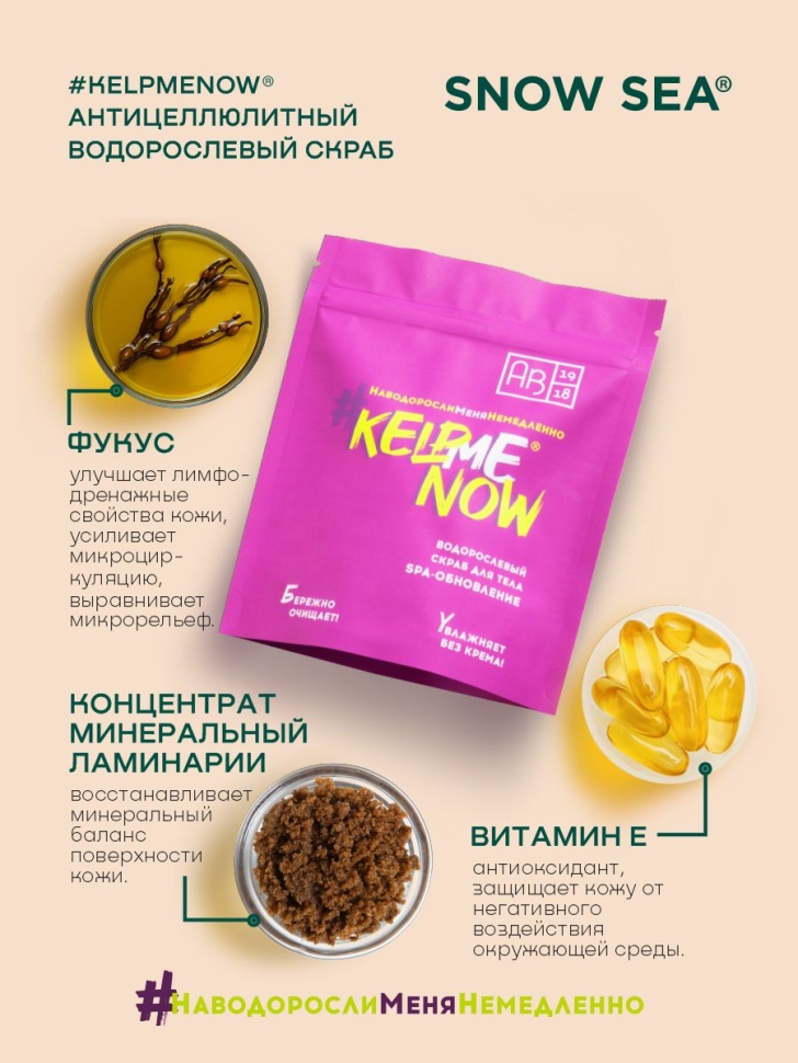 Антицеллюлитный водорослевый скраб для тела 6 в 1 SPA-обновление #KELPMENOW®, 250 г