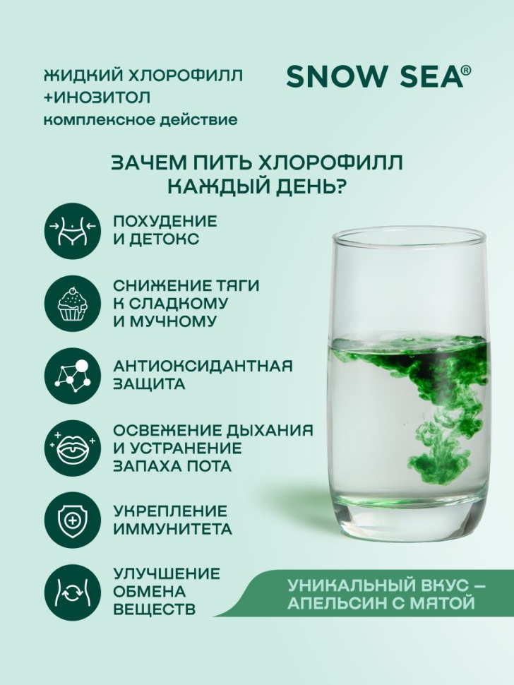  Хлорофилл жидкий с инозитолом SNOW SEA® со вкусом апельсина и мяты для контроля стресса БАД, 450 мл
