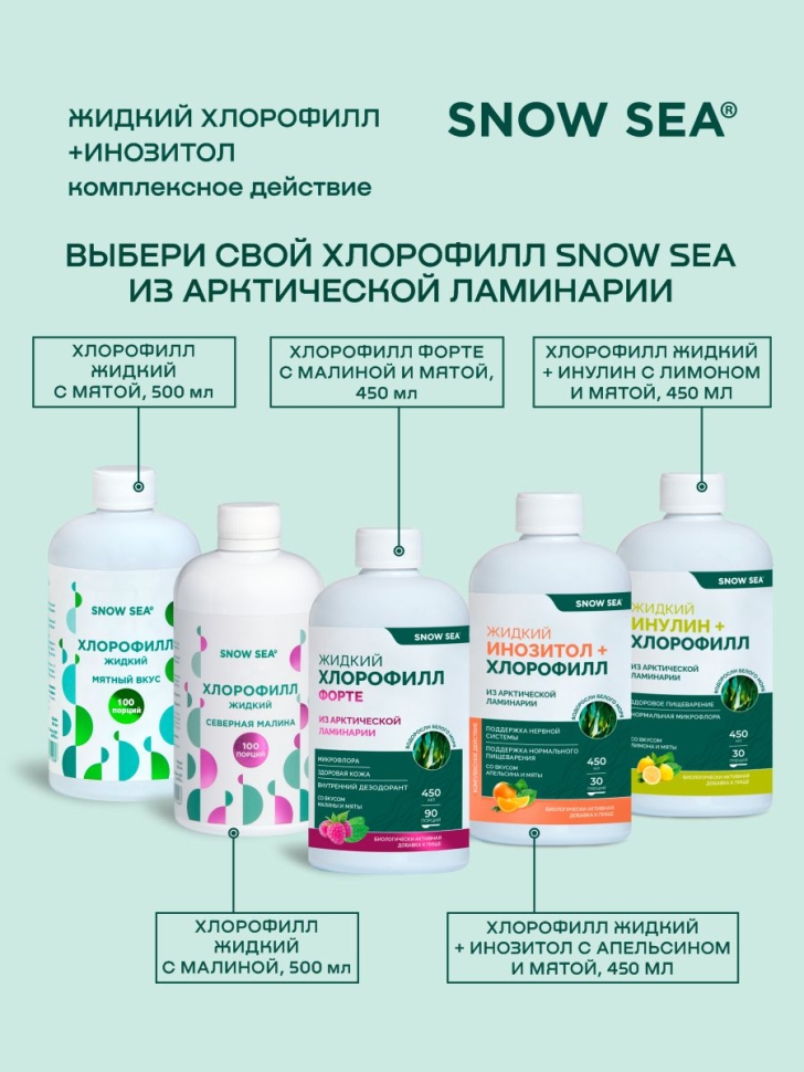 

Хлорофилл жидкий с инозитолом SNOW SEA® со вкусом апельсина и мяты для контроля стресса БАД, 450 мл