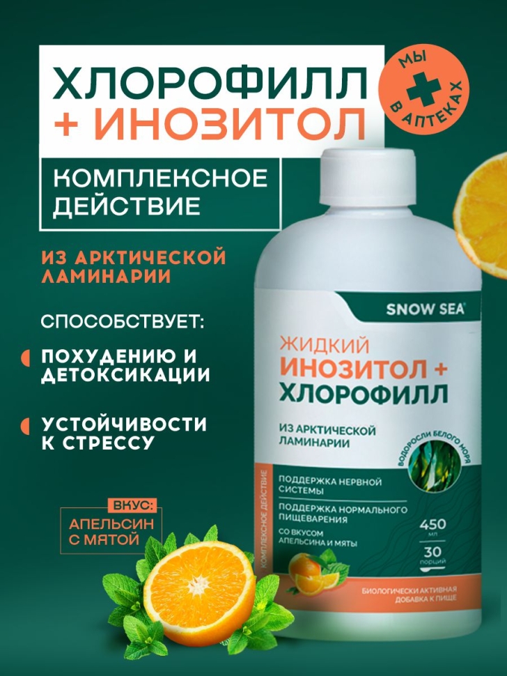 Инозитол и хлорофилл SNOW SEA® для контроля стресса со вкусом мяты и апельсина, 450 мл