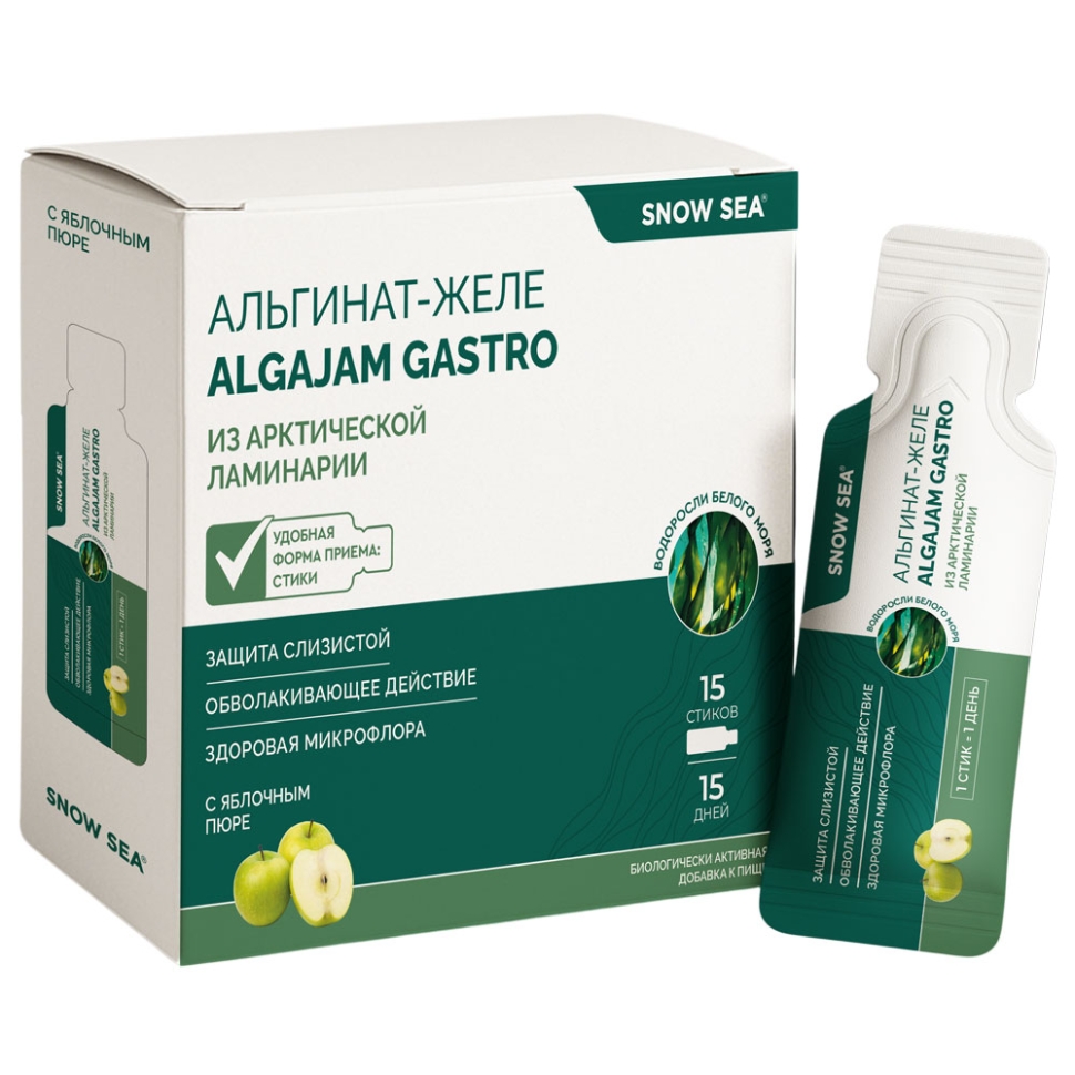 Альгинат–желе из арктической ламинарии с яблоком ALGAJAM GASTRO SNOW SEA® для ЖКТ БАД, 15 стиков