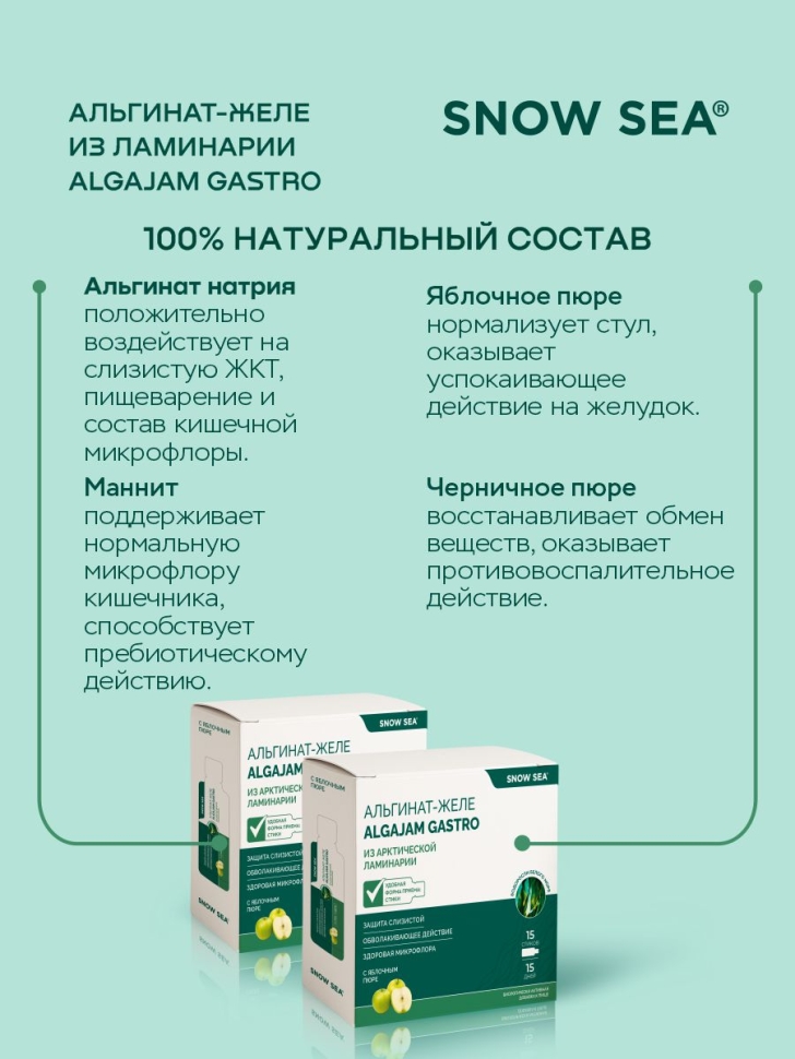 Альгинат–желе из арктической ламинарии с яблоком ALGAJAM GASTRO SNOW SEA® для ЖКТ БАД, 15 стиков