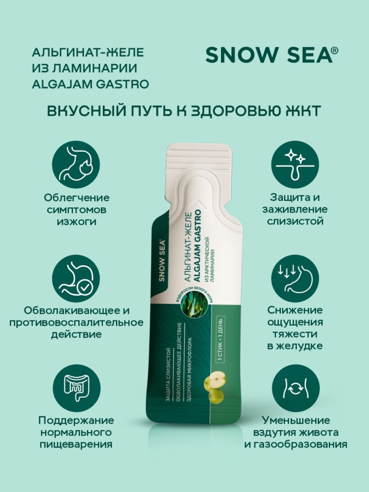 Альгинат–желе из арктической ламинарии с яблоком ALGAJAM GASTRO SNOW SEA® для ЖКТ БАД, 15 стиков