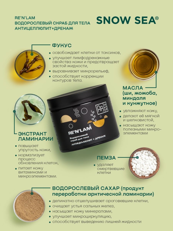 Водорослевый скраб для тела Антицеллюлит+дренаж RE’N’LAM®, 300 г