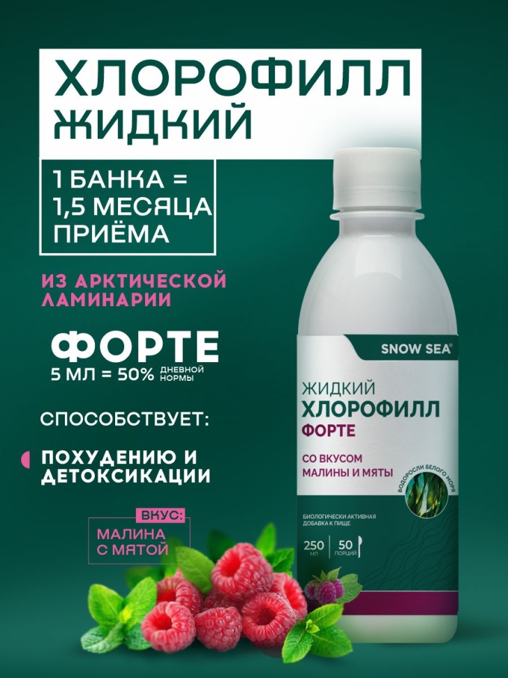 Жидкий хлорофилл Форте SNOW SEA® со вкусом мяты и малины для детокса и похудения, 250 мл