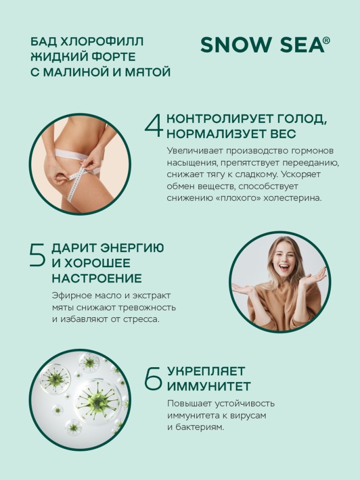 Хлорофилл жидкий SNOW SEA® со вкусом мяты и малины для ЖКТ, детокса и похудения БАД, 450 мл
