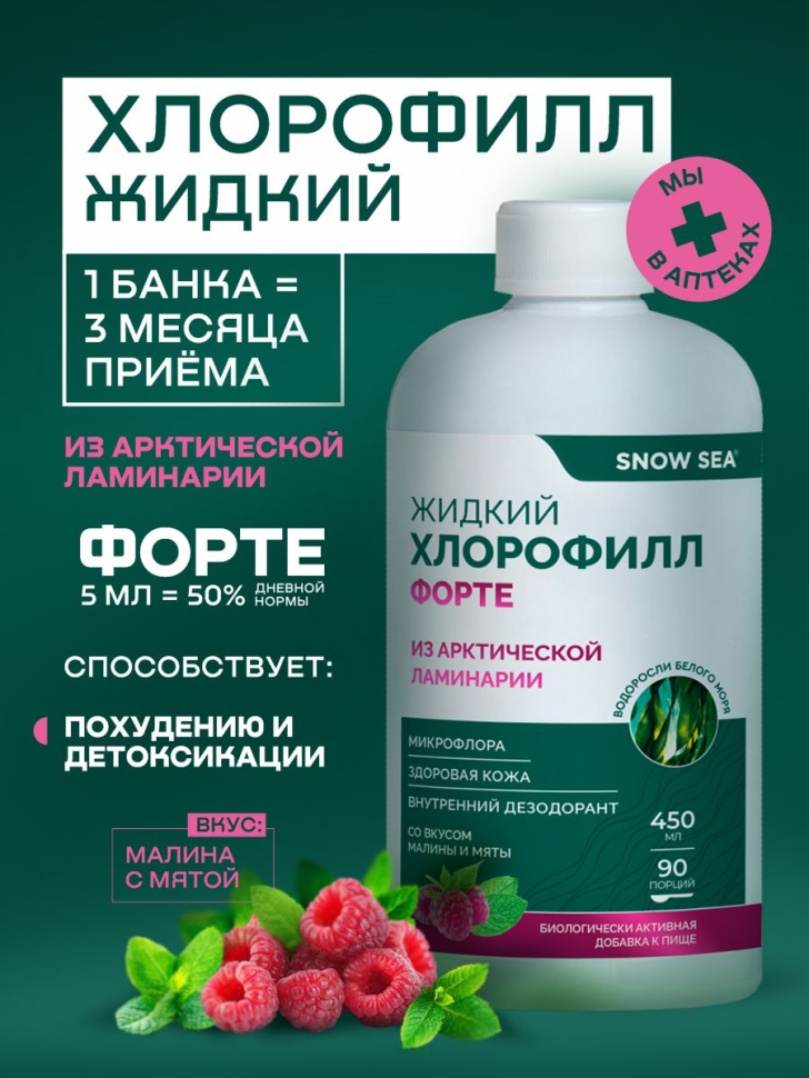 Жидкий хлорофилл Форте SNOW SEA® со вкусом мяты и малины для детокса и похудения, 450 мл